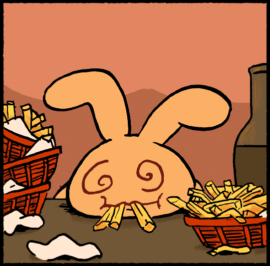 Bunny, dizzy, eating fries