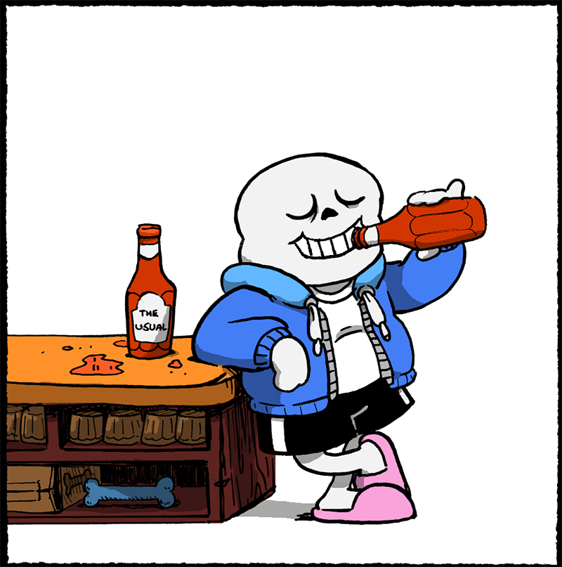 Sans, leaning on the bar, drinking ketchup labeled 'The Usual'