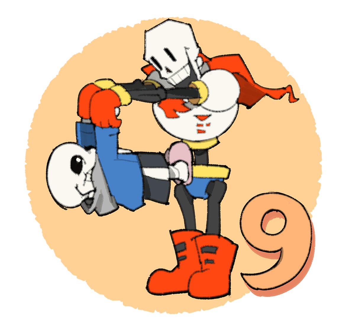 Papyrus holding Sans to form the shape of a 9