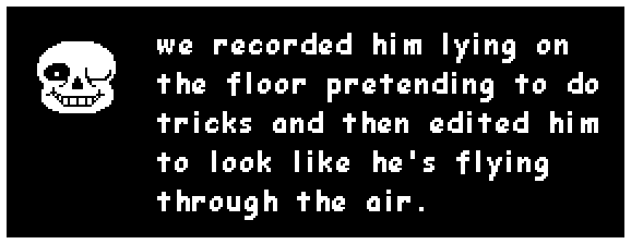 sans: we recorded him lying on the floor pretending to do tricks and then edited him to look like he's flying through the air.