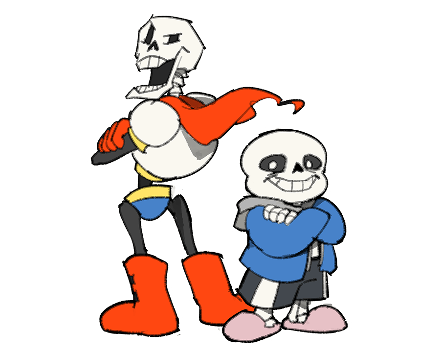 Image illustrated by Temmie: papyrus and sans doing the famous Mario and Luigi pose