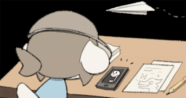 Temmie at a desk, in class, with Papyrus' face flashing on a phone in front of her